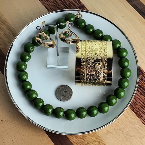 Jewelry Dish Saucer Bundle of 4 Green Gold Tone - Picture 2 of 7